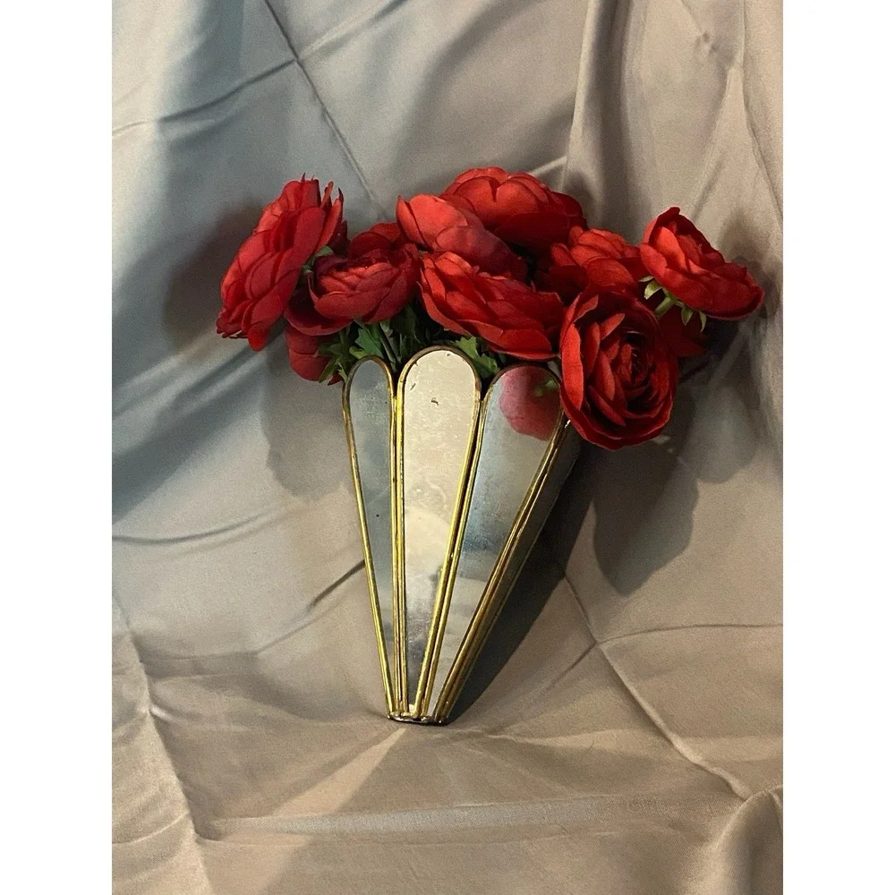 Mirrored Metal Wall Flower Hanger With A Dozen Faux Red Roses